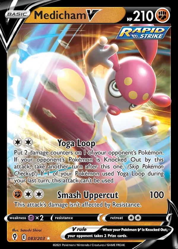 Medicham 083/203, Evolving Skies English Print with "Play! Pokémon" stamp, card art reference