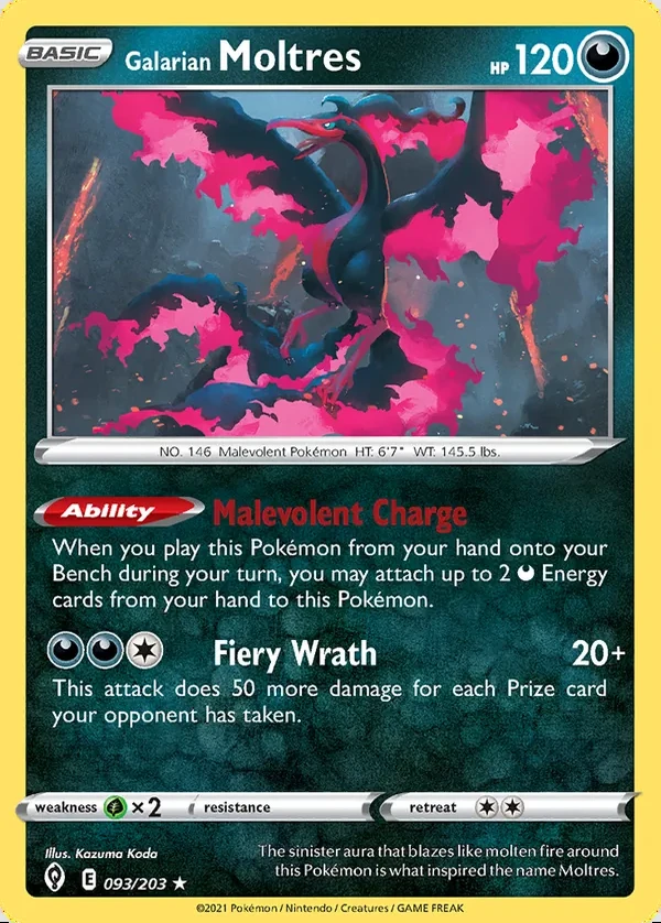 Galarian Moltres 093/203, Evolving Skies English Print with "Play! Pokémon" stamp, card art reference