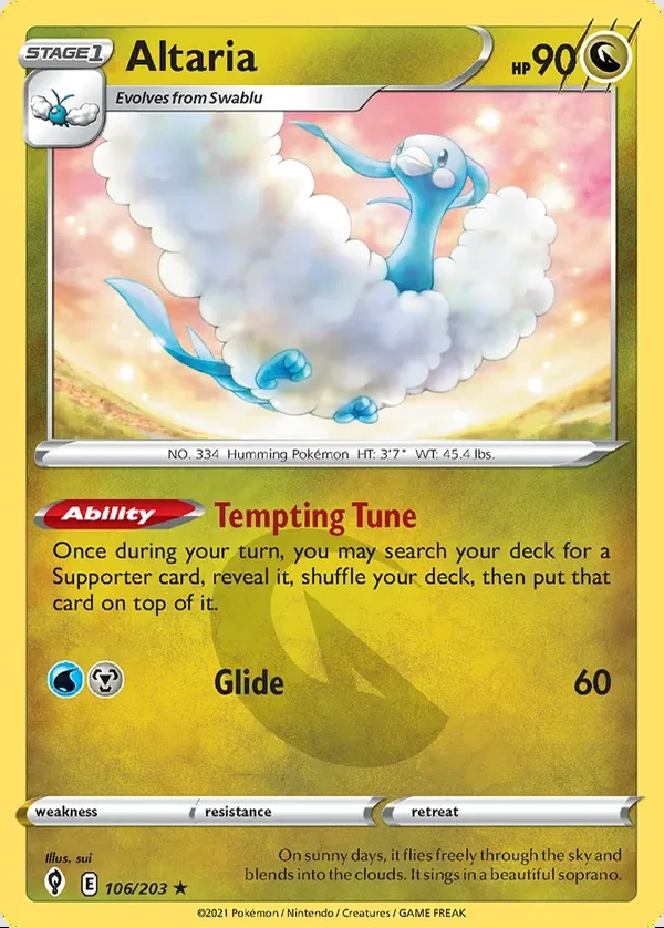 Altaria 106/203, Evolving Skies English Print with "Play! Pokémon" stamp, card art reference