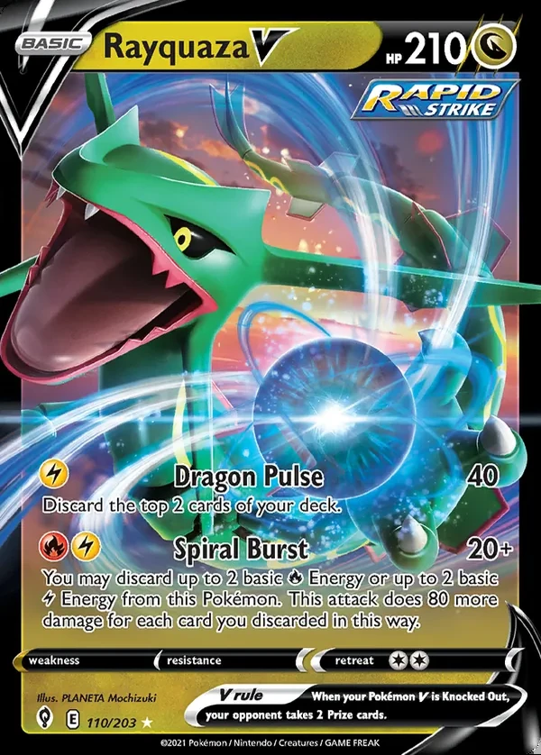 Rayquaza 110/203, Evolving Skies English Print with "Play! Pokémon" stamp, card art reference