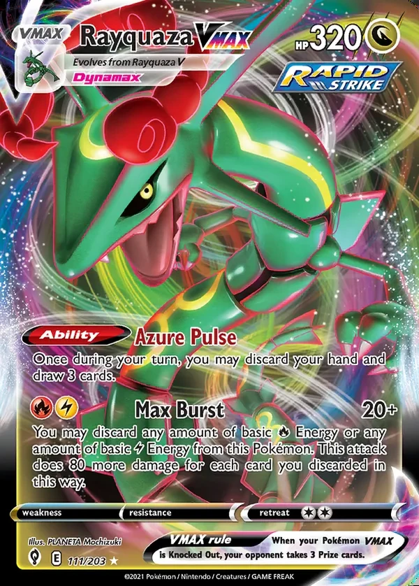 Rayquaza 111/203, Evolving Skies English Print with "Play! Pokémon" stamp, card art reference