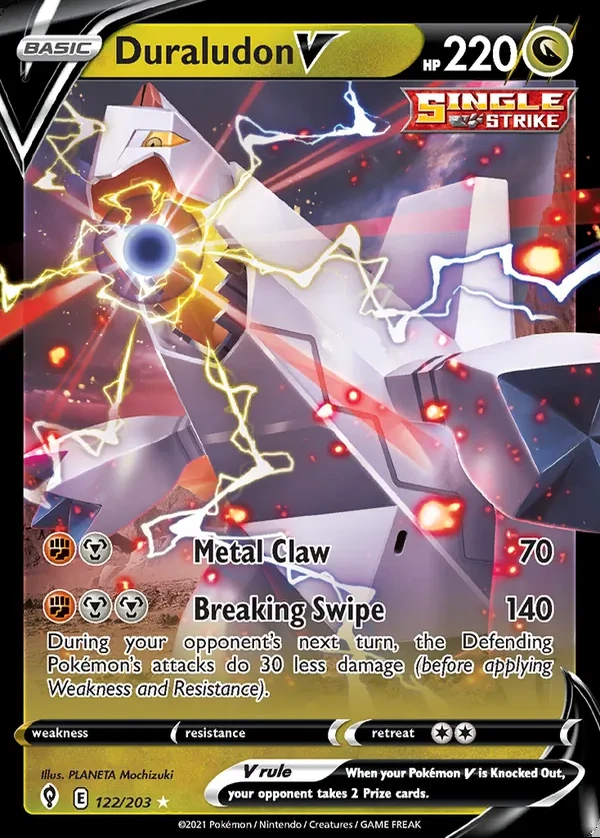 Duraludon 122/203, Evolving Skies English Print with "Play! Pokémon" stamp, card art reference