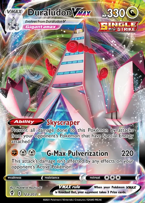 Duraludon 123/203, Evolving Skies English Print with "Play! Pokémon" stamp, card art reference