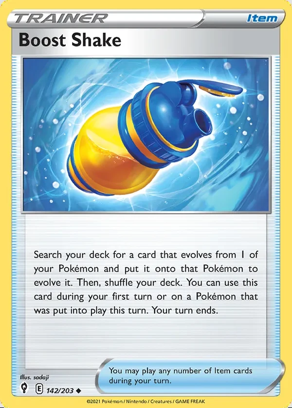 Boost Shake 142/203, Evolving Skies English Print with "Play! Pokémon" stamp, card art reference