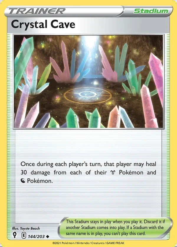 Crystal Cave 144/203, Evolving Skies English Print with "Play! Pokémon" stamp, card art reference
