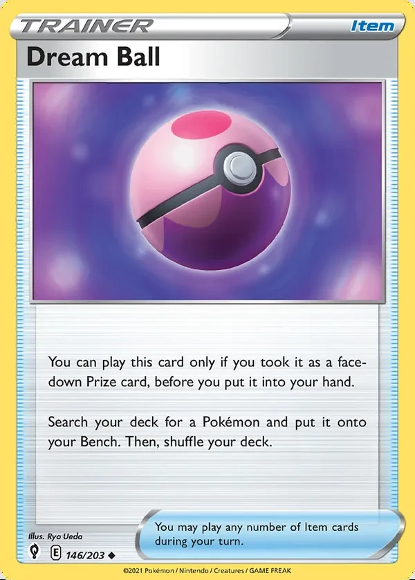 Dream Ball 146/203, Evolving Skies English Print with "Play! Pokémon" stamp, card art reference