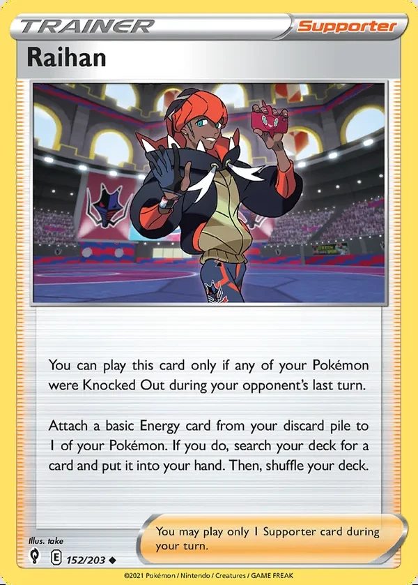Raihan 152/203, Evolving Skies English Print with "Play! Pokémon" stamp, card art reference