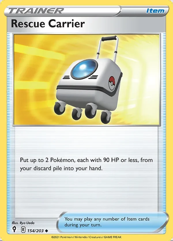 Rescue Carrier 154/203, Evolving Skies English Print with "Play! Pokémon" stamp, card art reference