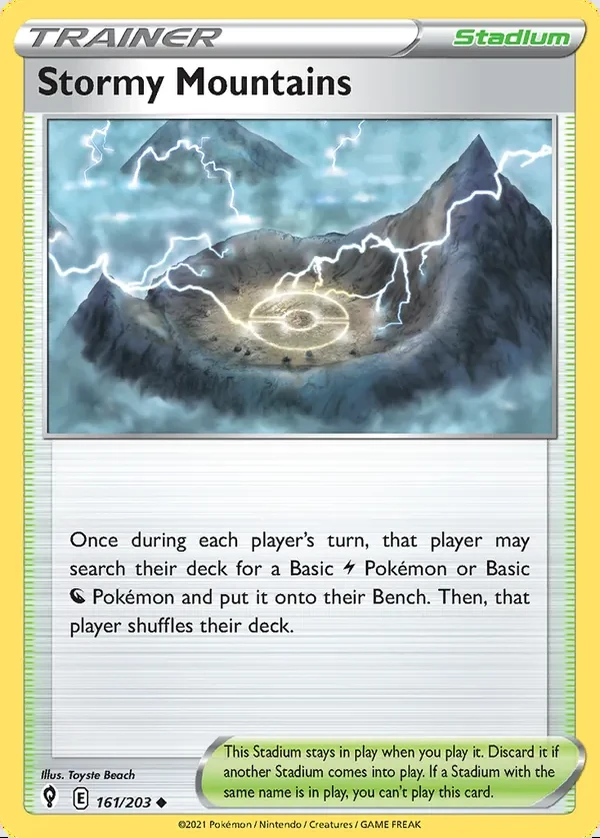 Stormy Mountains 161/203, Evolving Skies English Print with "Play! Pokémon" stamp, card art reference