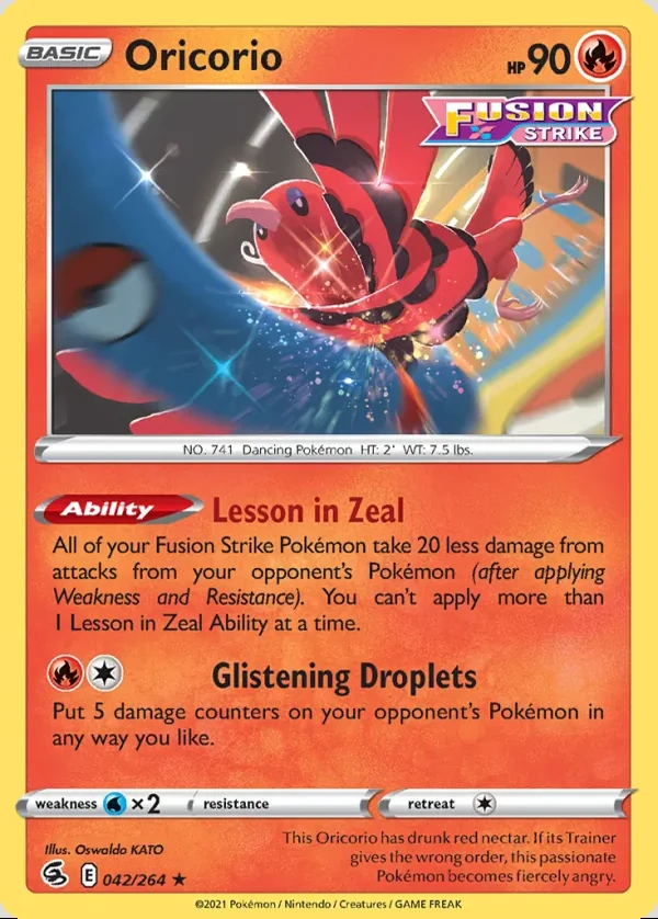 Oricorio 042/264, Fusion Strike English Print with "Play! Pokémon" stamp, card art reference
