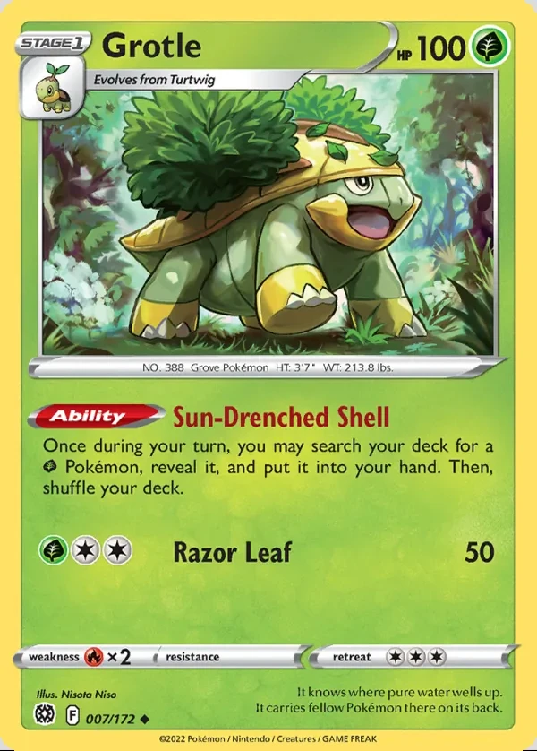 Grotle 007/172, Brilliant Stars English Print with "Play! Pokémon" stamp, card art reference