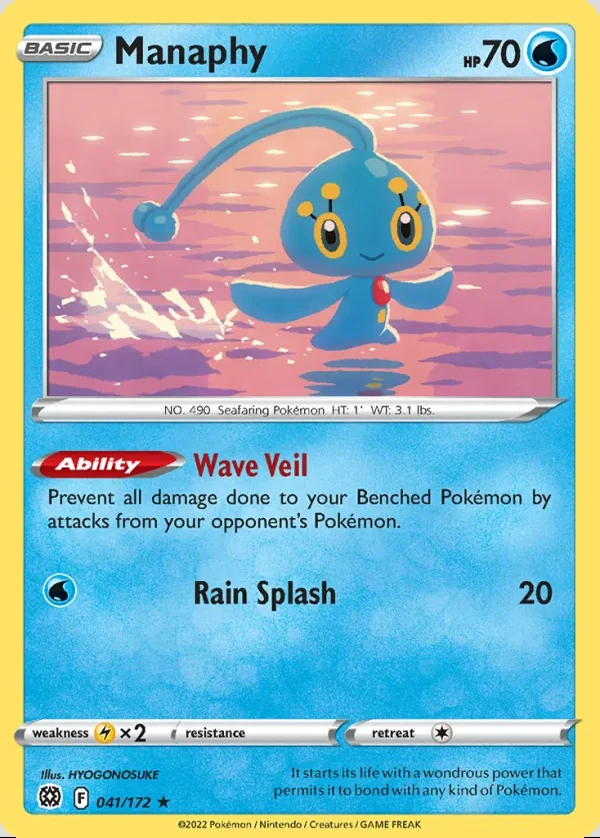 Manaphy 041/172, Brilliant Stars English Print with "Play! Pokémon" stamp, card art reference