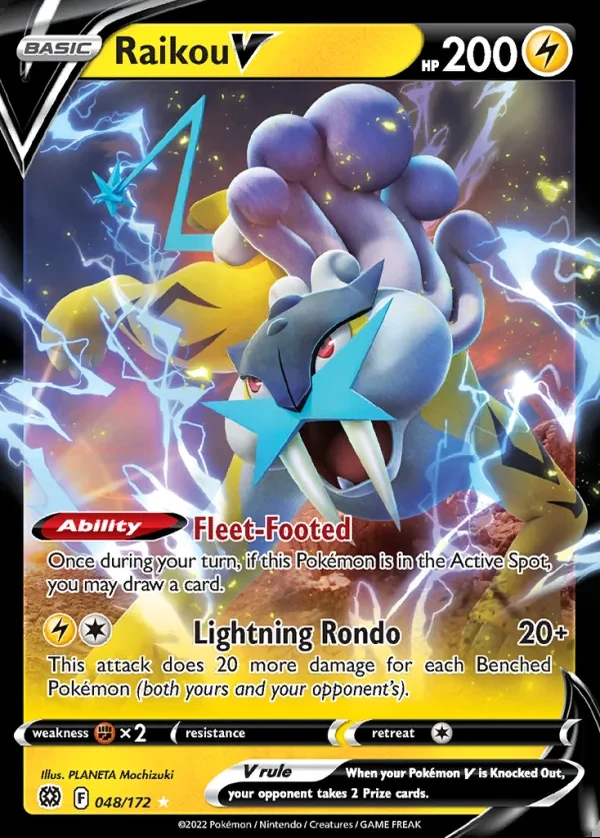 Raikou 048/172, Brilliant Stars English Print with "Play! Pokémon" stamp, card art reference