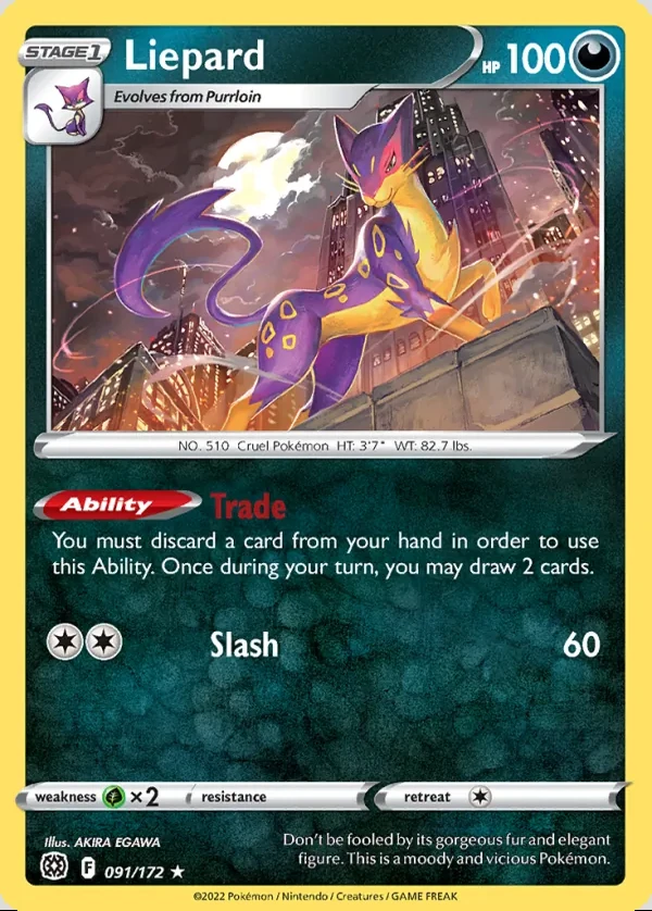 Liepard 091/172, Brilliant Stars English Print with "Play! Pokémon" stamp, card art reference