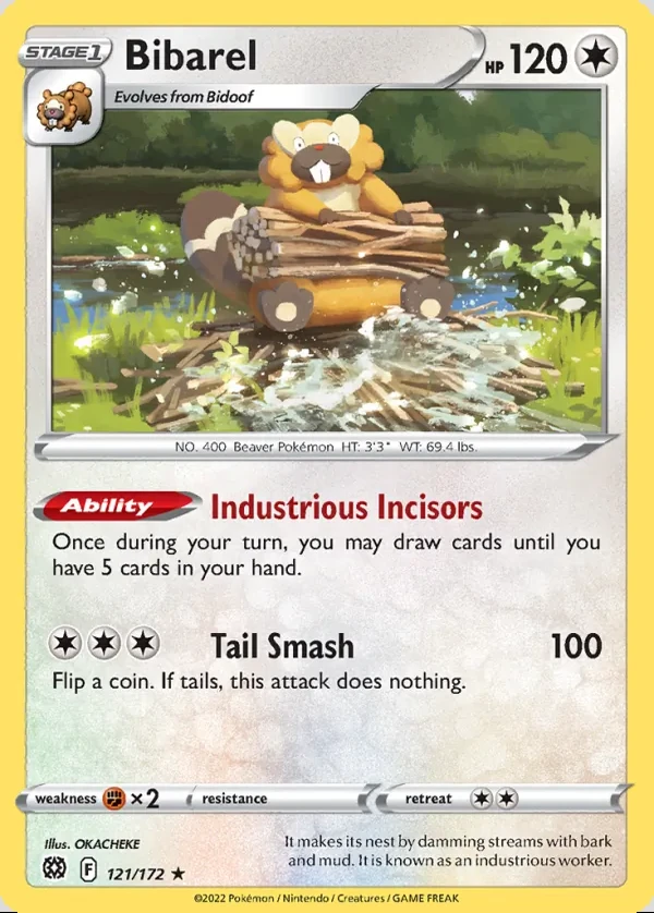 Bibarel 121/172, Brilliant Stars English Print with "Play! Pokémon" stamp, card art reference