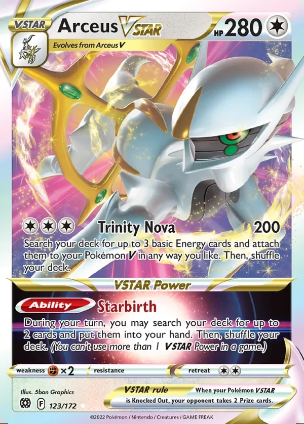 Arceus 123/172, Brilliant Stars English Print with "Play! Pokémon" stamp, card art reference