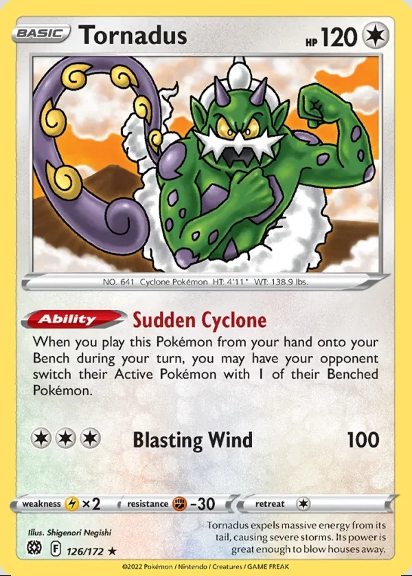 Tornadus 126/172, Brilliant Stars English Print with "Play! Pokémon" stamp, card art reference