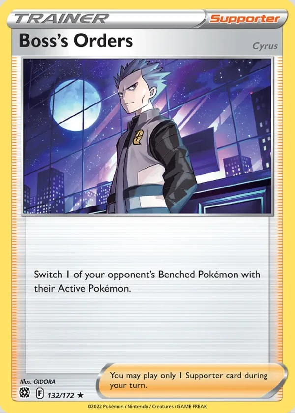 Boss's Orders 132/172, Brilliant Stars English Print with "Play! Pokémon" stamp, card art reference