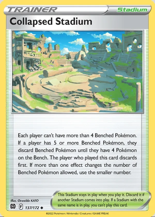 Collapsed Stadium 137/172, Brilliant Stars English Print with "Play! Pokémon" stamp, card art reference