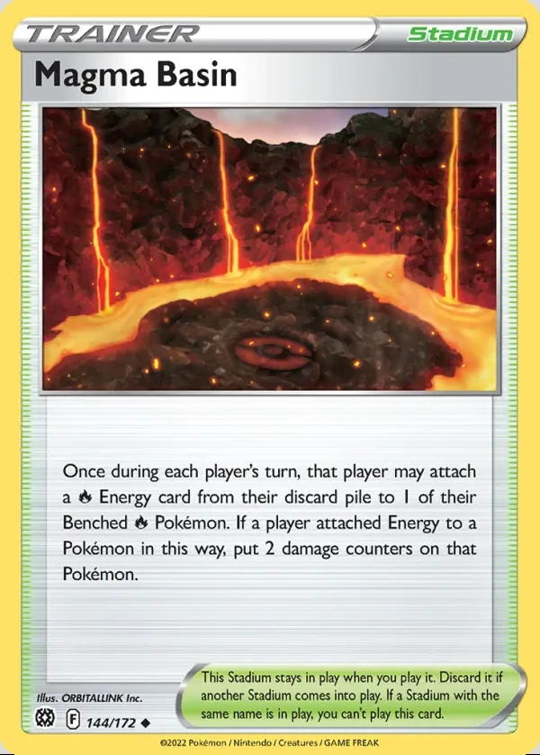 Magma Basin 144/172, Brilliant Stars English Print with "Play! Pokémon" stamp, card art reference