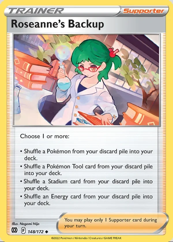Roseanne's Backup 148/172, Brilliant Stars English Print with "Play! Pokémon" stamp, card art reference