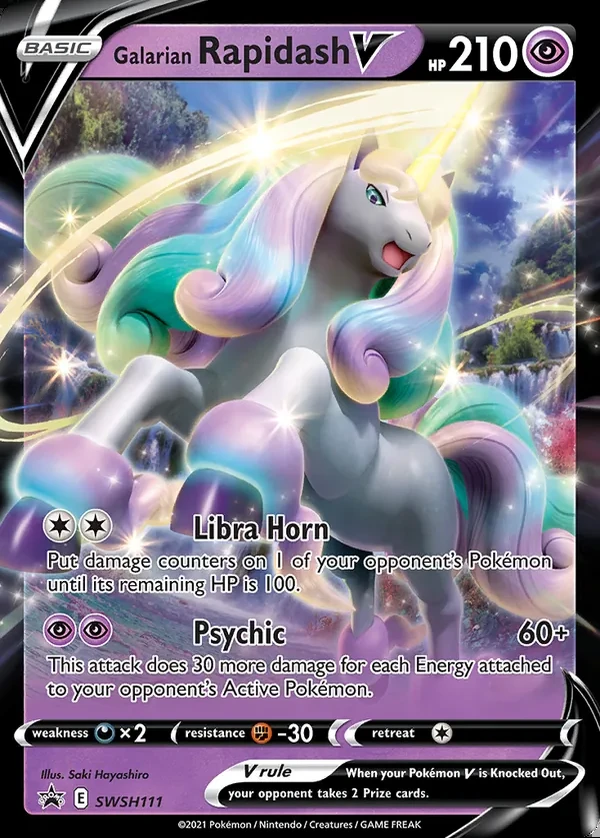 Galarian Rapidash V SWSH111, SWSH Black Star Promos English Print with "Play! Pokémon" stamp, card art reference