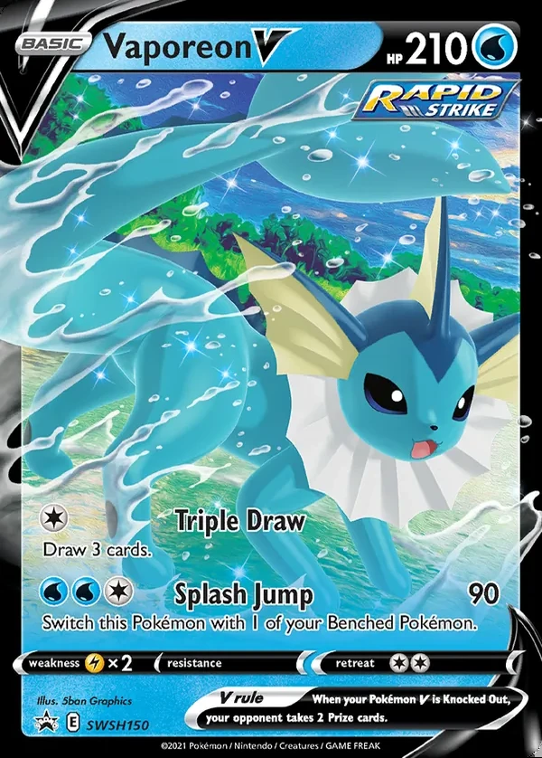 Vaporeon V SWSH150, SWSH Black Star Promos English Print with "Play! Pokémon" stamp, card art reference