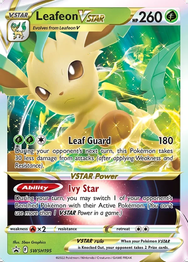 Leafeon VSTAR SWSH195, SWSH Black Star Promos English Print with "Play! Pokémon" stamp, card art reference