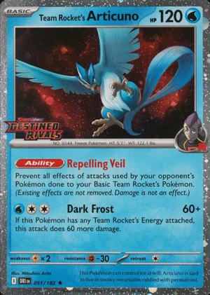 Team Rocket's Articuno 051/182, Cosmos Holo "Destined Rivals" stamp, owner-provided image