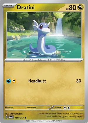 Dratini 150/217, Print with "Play! Pokémon" stamp, card art reference