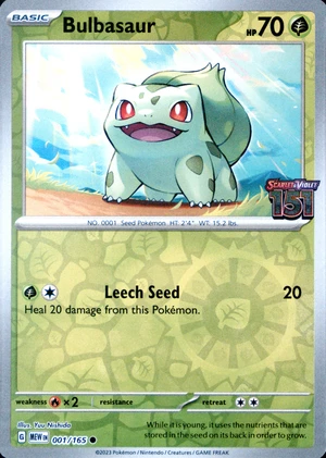 Bulbasaur 001/165, Reverse Holo Scarlet & Violet 151 stamp print, image provided by the catalog owner
