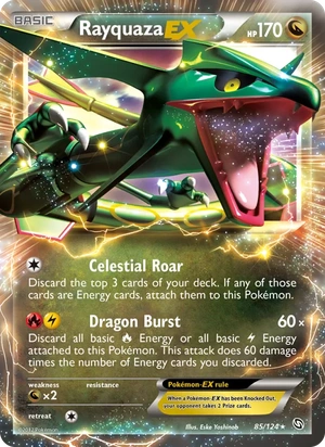Rayquaza-EX 85/124, Sheen Holofoil, card art reference