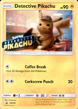 Detective Pikachu SM190, Water Web Holo Detective Pikachu stamp, owner-provided image