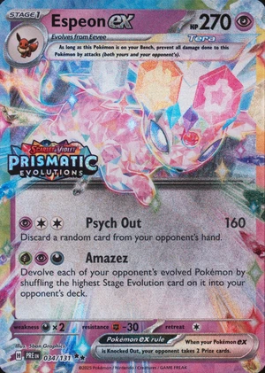 Espeon ex 034/131, Stamped "Prismatic Evolutions" print, owner-provided image