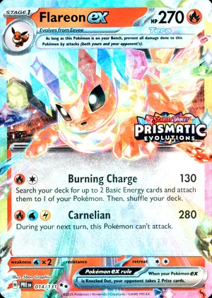 Flareon ex 014/131, Stamped "Prismatic Evolutions" print, owner-provided image