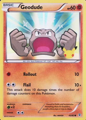 Geodude 43/83, Holofoil "20th Anniversary" stamp, card art reference