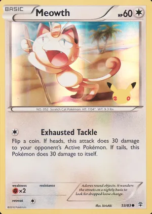 Meowth 53/83, Holofoil "20th Anniversary" stamp, card art reference