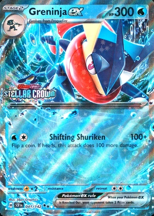 Greninja ex 041/142, Stellar Crown English stamped print, Stellar Crown logo on the left, image provided by the catalog owner