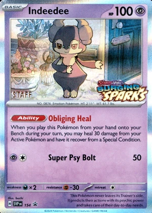 Indeedee 154, Surging Sparks Staff Prerelease print, image provided by the catalog owner