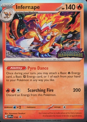 Infernape 116, Twilight Masquerade Staff Prerelease print, image provided by the catalog owner