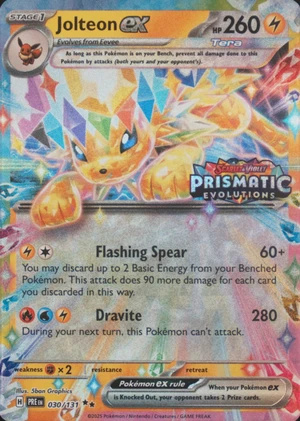 Jolteon ex 030/131, Stamped "Prismatic Evolutions" print, owner-provided image
