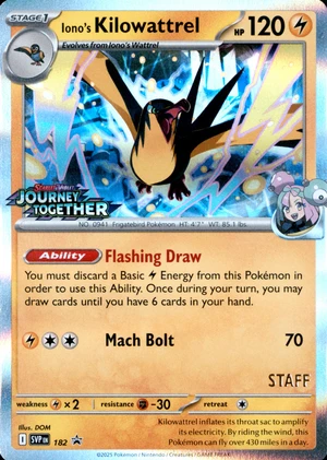 Iono's Kilowattrel 182, Journey Together Staff Prerelease print, image provided by the catalog owner