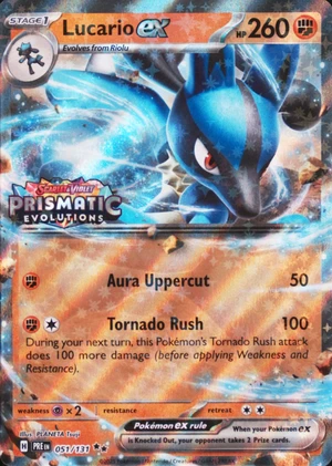 Lucario ex 051/131, Stamped "Prismatic Evolutions" print, owner-provided image