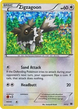 Zigzagoon 11/12, McDonald's Collection 2015 Confetti Holo, Pokumon reference