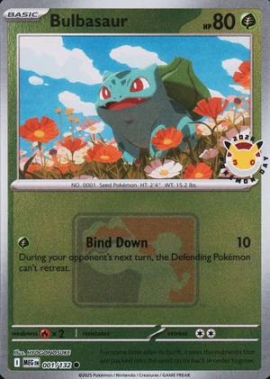 Bulbasaur 001/132, "Pokémon Day 2026" stamp, card art reference