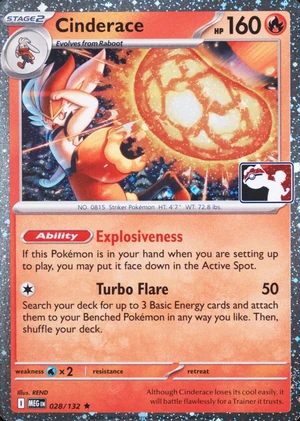 Cinderace 028/132, Cosmos Holofoil print with "Play! Pokémon" stamp, image provided by the catalog owner