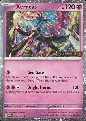 Xerneas 064/132, Cosmos Holofoil "Mega Evolution" stamp, card art reference