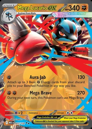 Mega Lucario ex 077/132, Print with "Play! Pokémon" stamp, card art reference