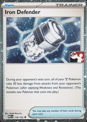 Iron Defender 118/132, Cosmos Holofoil print with "Play! Pokémon" stamp, image provided by the catalog owner