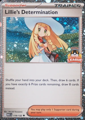 Lillie's Determination 119/132, Cosmos Holofoil print with "Ultra Ball League" stamp, image provided by the catalog owner